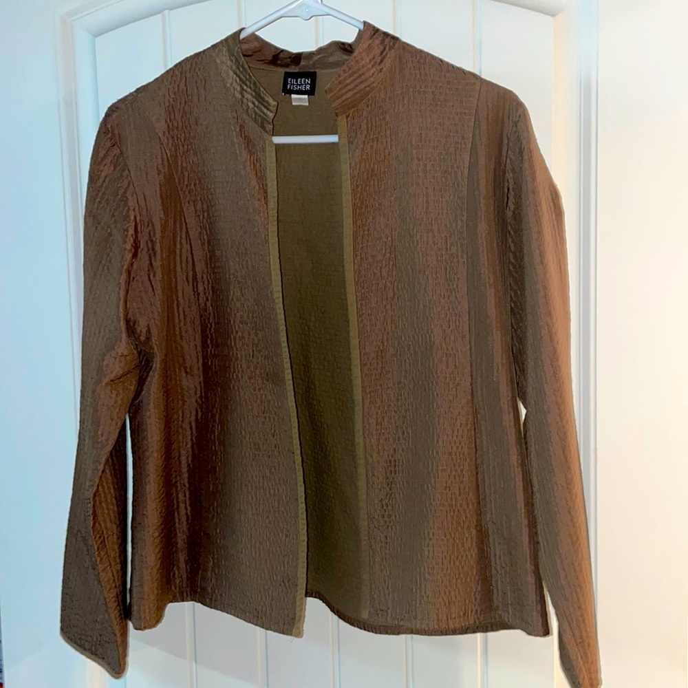 Eileen Fisher beautiful,warm chocolate brown silk jacket.  Classic elegance.